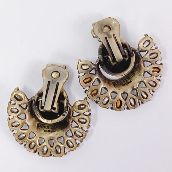 Signed Heidi Daus Clear Rhinestone Gold Tone Door Knocker Clip On Earrings - Picture 8 of 11